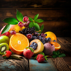 Wall Mural - Assortment of exotic fresh fruits on rustic wooden table.