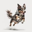 Springender Hund auf weißem Hintergrund isoliert (erstellt durch KI-Tool)