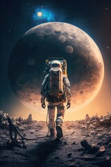 Wall Mural - an astronaut walks in his space suit on a distant planet. outer space - generative ai