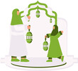 © ARTIVE STUDIO - mother and daughter standing carrying hanging lamp ornaments to complete the celebration of Eid al-Fitr wearing white and green clothes with hijab