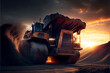 Mining truck in opencast on sunset, AI Generative Illustration. Electric EV futuristic mining truck in open-pit. Haul truck with bucket. Electric dump truck in a quarry during mining, future concept.