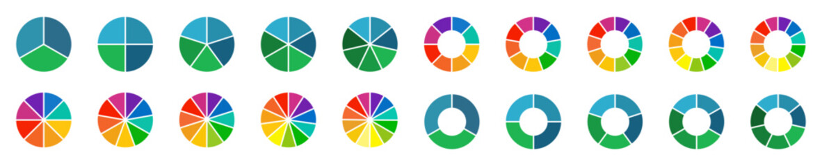 circle pie chart icons. pie charts diagram. colorful diagram. set of different color circles isolate