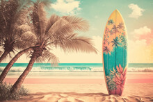 Pastel Surfboards On Tropical Beach. Retro Tone Color Style. Travel Vacation Concept. Generative AI