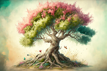 The tree of life in colorful spring watercolor painting style . Sublime Generative AI image .