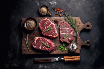 Wall Mural - Various raw beef meat steaks with seasoning and equipment for grilling on a dark rustic board. Generative AI