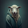 Anthropomorphic sheep in a warm jacket. Animals are like people. Generative AI tools