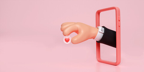 Poster - 3D smartphone with hand holding social network like heart icons isolated on pink background. concept of charity and blood Donate. 3d render illustration