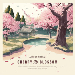 Wall Mural - Watercolor vector landscape of cherry blossoms in japanese park