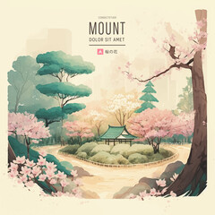 Wall Mural - Watercolor vector landscape of cherry blossoms in japanese park