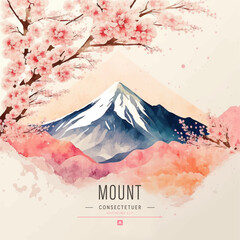 Wall Mural - Vector watercolor banner of сherry blossom on the background of the Japanese mountain and river.