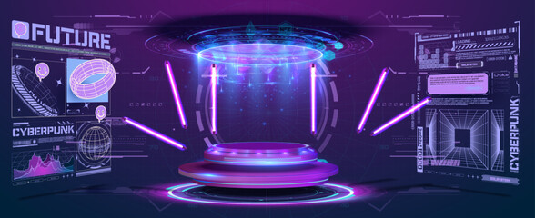 Poster - Futuristic pedestal for product presentation. Fantastic circle fui interface screen design. Blank display, stage or podium for show product in futuristic cyberpunk style. Pedestal in 3d cyberspace.