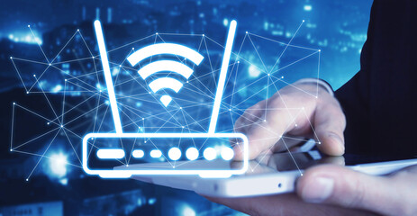 Human showing a Wifi router and network.