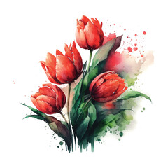 Canvas Print - Illustration of watercolor hand drawn set of colorful red tulips bouquet isolated on white background. Spring flowers. Card for Mothers day, 8 March, wedding.