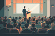 Symposium sur les affaires et l'entrepreneuriat. Conférencier donnant une conférence lors d'une réunion d'affaires. Public dans la salle de conférence. Micro. (AI)