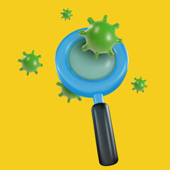 Wall Mural - 3d cartoon magnifying glass with green flying viruses in realistic funny colorful style. Render bright children toy object. Plastic cute glossy design pipette. Vector minimal illustration.