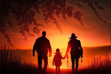 Sticker -  a man and a woman holding hands as the sun sets behind a field with tall grass and a tree in the foreground, and a silhouette of a man and child holding the hand.  generative ai