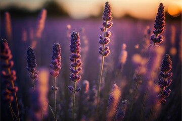 Sticker -  a field of lavender flowers with the sun setting in the distance behind them and the sky in the background with a few clouds in the distance.  generative ai