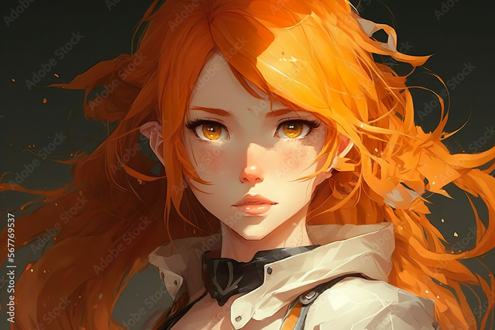 portrait of a anime girl with orange hair Stock Illustration | Adobe Stock