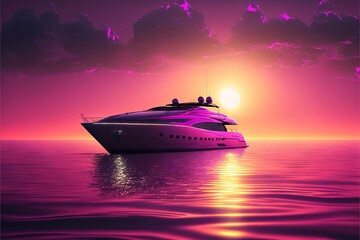 Wall Mural -  a large white boat floating on top of a body of water under a purple sky with a sun setting in the distance and clouds in the sky.  generative ai