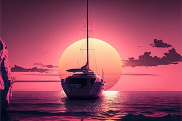 Wall Mural -  a sailboat floating in the ocean during a sunset or sunset with the sun setting over the water and clouds in the sky above it.  generative ai