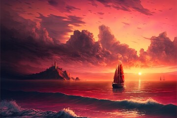 Wall Mural -  a painting of a sunset with a sailboat in the water and a castle in the distance with a red sky and clouds above it.  generative ai