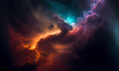 Wall Mural - Glowing huge nebula with young stars. Space background, 3d illustration. Generating Ai.