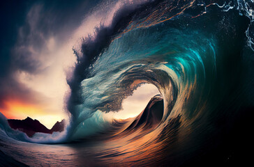 Wall Mural - Tropical blue surfing wave. Generative Ai. No people. Beautiful deep blue tube wave in the Ocean.