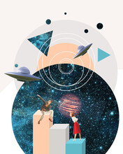 Contemporary Art Collage. Young Man And Woman Finding Out Interesting Information About Space. Geometric Elements Design. Surrealism. Futuristic, Abstract Art. Concept Of Inspiration And Creativity