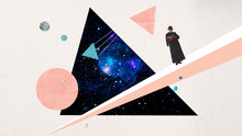 Contemporary Art Collage. Senior Woman, Lady Reading Book. Outer Space Image Inside Geometric Figures. Surrealism. Futuristic Creative Design. Abstract Art. Concept Of Inspiration And Creativity