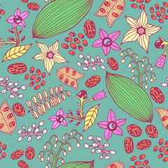 Wall Mural - Poisonous plants - seamless pattern with rosary pea, deadly nightshade, lilly-of-the-valley, castor bean, jimsonweed, dolls eyes. Line art hand drawn pattern design