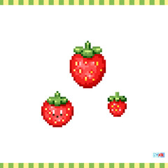 Wall Mural - Pixel art strawberry icon. Vector 8 bit style illustration of strawberry symbol. Cute decorative element of retro video game computer graphic for game asset, sprite, sticker or web.