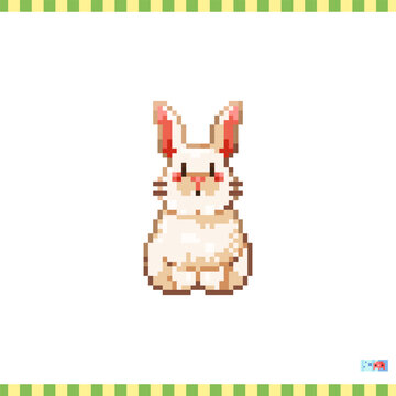 Pixel art white rabbit icon. Vector 8 bit style illustration of cute bunny. Decorative easter spring element of retro video game computer graphic for game asset, sprite, sticker or web.