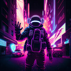 Wall Mural - 3D illustration of astronaut in futuristic neon lit cyberpunk city. Neon pink blue violet night astronaut. Generative ai. Illustration art.