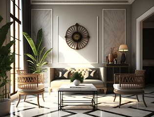 A modern house, Interior Design, View of Whole Room in a natural elements like marble, rattan, wicker, and cane, generative ai with warm natural color as the wall blend in with the design