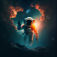 Wall Mural - waving hand cosmonaut. 3d illustration of science fiction scene with astronaut floating in outer spa