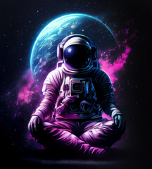 Wall Mural - 3d illustration of science fiction space suited figure in yoga lotus pose on small asteroid in outer