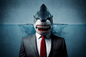 shark dressed as a businessman on a blue background