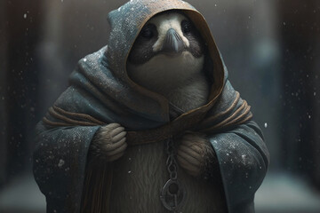 Poster - anthropomorphic penguin wearing a hoody. Generative AI