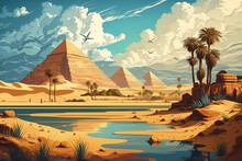 Egyptian Desert With River And Pyramids. Landscape With Yellow Sand Dunes, Blue Water Of Nile, Ancient Tombs Of Egypt Pharaoh, Hot Sun And Clouds In Sky. Generative AI.