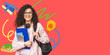 Young curly student woman wearing backpack glasses holding books and tablet over isolated pink background. Trend vector illustration collage.