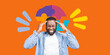 © denis_vermenko - Stressed african american man feel pain having terrible strong headache concept, tired upset guy massaging temples suffering from migraine isolated on orange background. vector collage illustration.