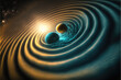 Binary system black hole collision gravitational wave illustration, physics generative ai