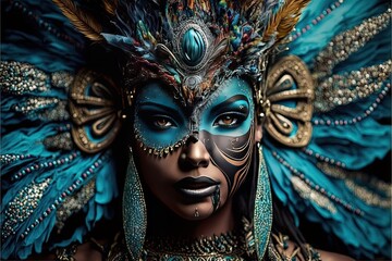 Beauty model woman wearing ethnic and amazing mask carnival mask at party Glamour lady