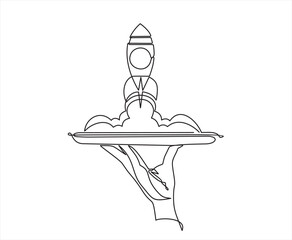 Poster - Continuous line vector illustration of hand holding dish with Rocket launch, ship drawn from the hand a picture of the silhouette. Continuous line drawing. Startup business. Vector illustration. 