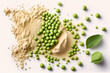green peas with the protein power of green peas, the concept of plant protein isolated on a white background. Top view flat lay Generative AI