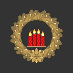 Christmas vector illustration. Four Advent candles lit in anticipation of the birth of Jesus Christ.