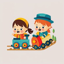 Two Kids Playing With A Toy Train Set Illustration Generative AI