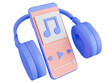 3d render concept music player application on smartphone. Mobile phone with purple headphone.