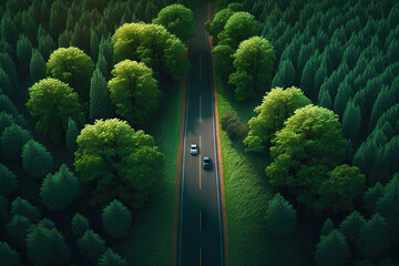 Aerial top view of asphalt road through green forest, healthy rain forest,  environment, health, green economy, view of nature ecosystem for save Earth with Generative AI.