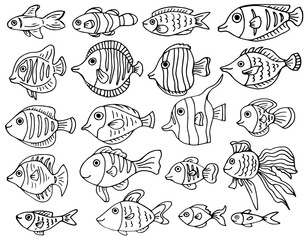 Set of cute sea fish doodle. Underwater world in sketch style. Hand drawn vector illustration isolated on white background.